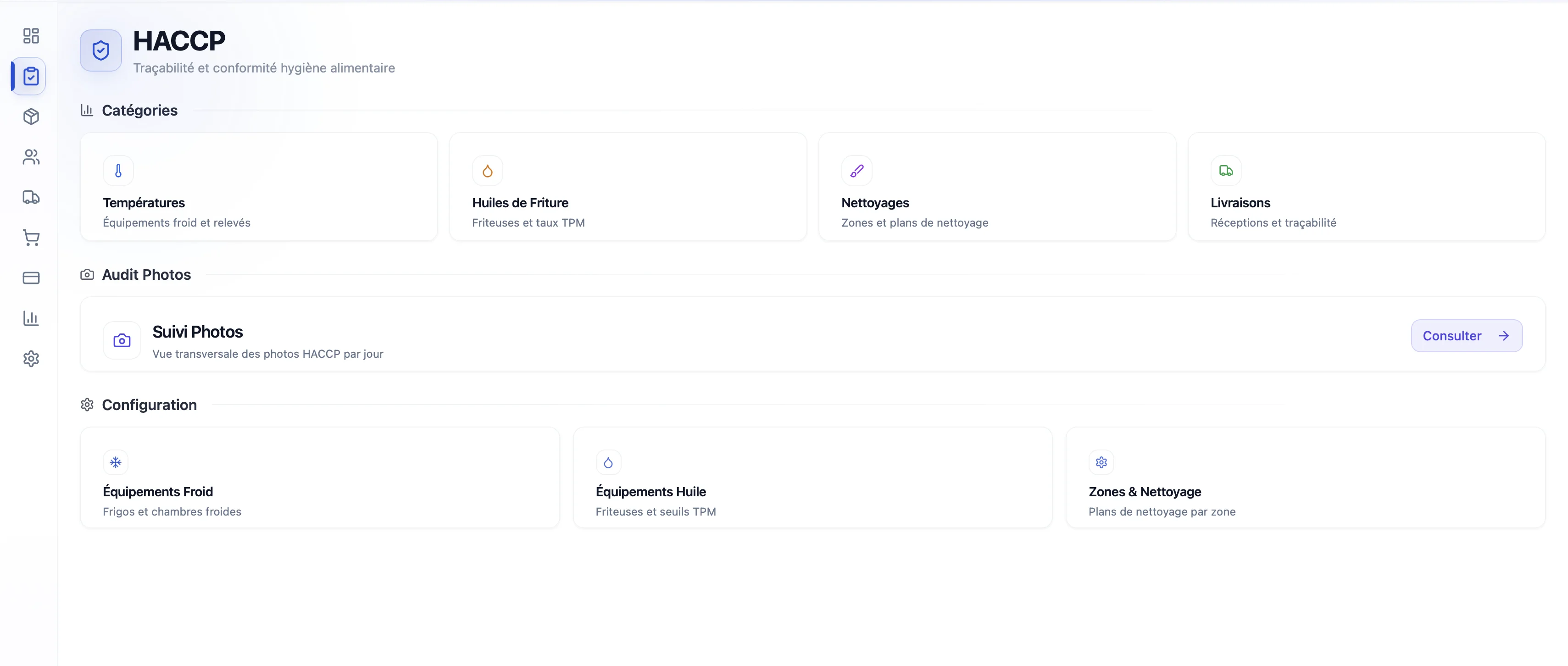 Interface logiciel HACCP Alfred - Tableau de bord contrôles température, plan de nettoyage et traçabilité restaurant